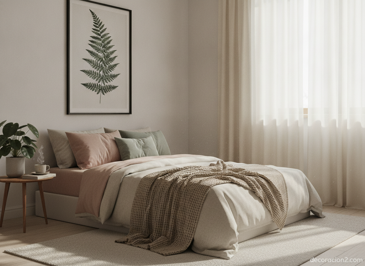 Láminas decorativas de arte: cómo dar personalidad a tus paredes con estilo francés 2 Lámina decorativa botanica enmarcada en negro sobre la cama de un dormitorio