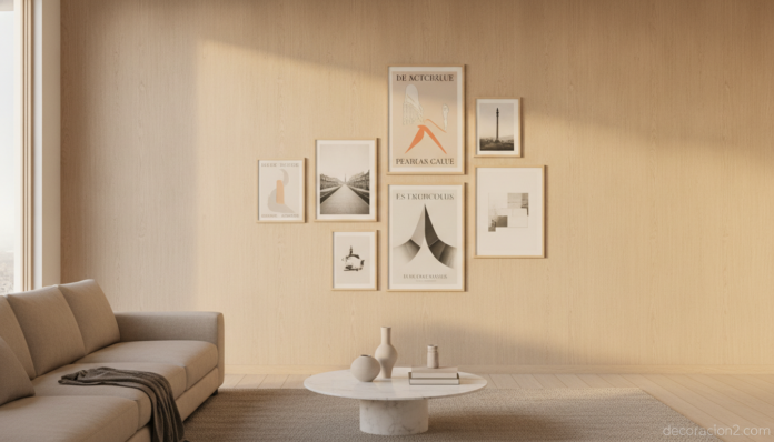 Pared de salón decorada con láminas de arte enmarcadas estilo francés