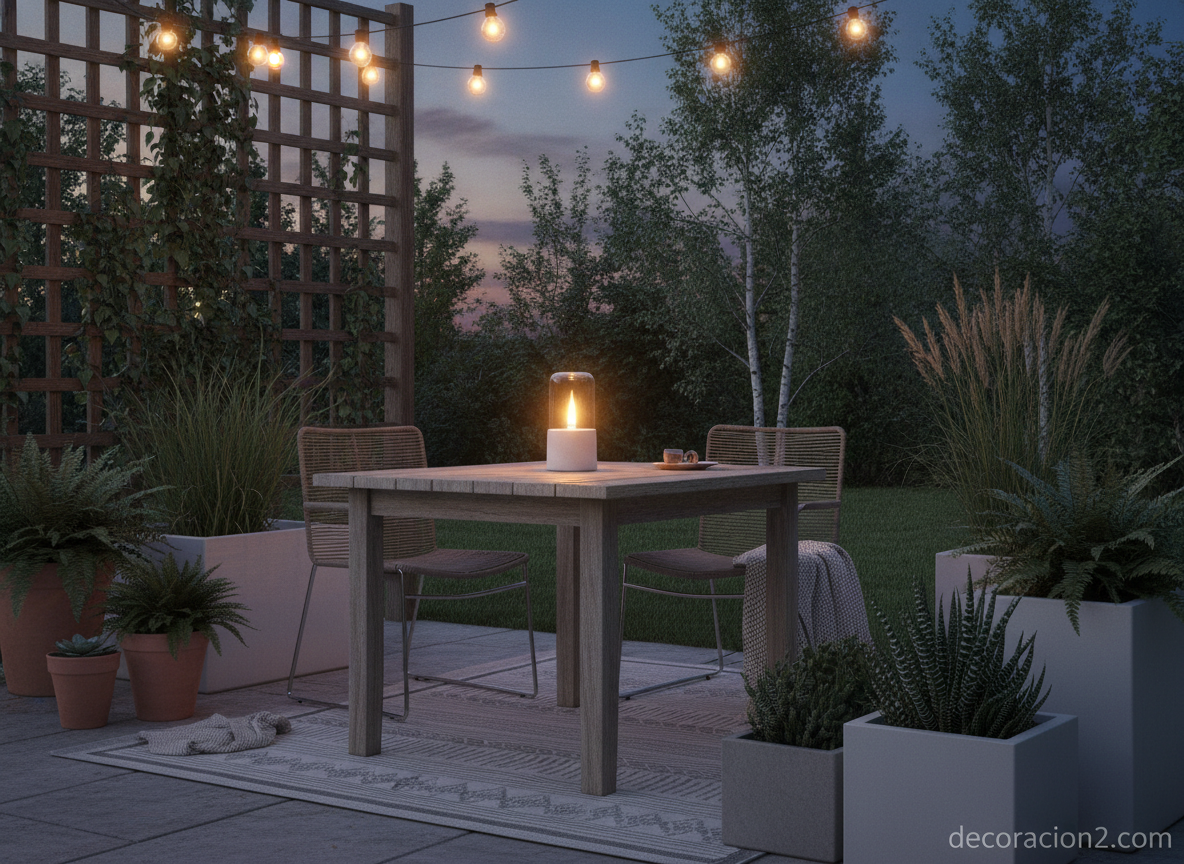 Lámpara de aceite minimalista iluminando una terraza en una velada de verano