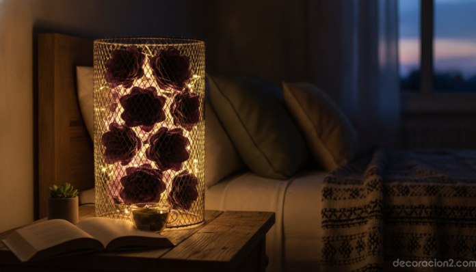 Lámpara floral hecha con cartones de huevo iluminada con luces led en un dormitorio