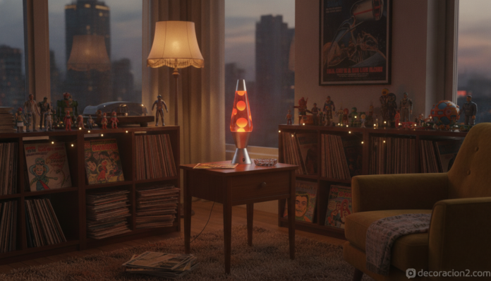 Lámpara de lava encendida en un salón con decoración retro y geek