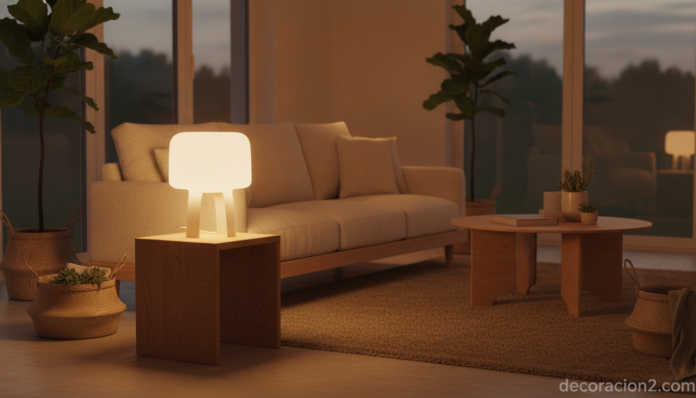 Lámpara ecológica blanca minimalista encendida sobre una mesa en un salón sostenible