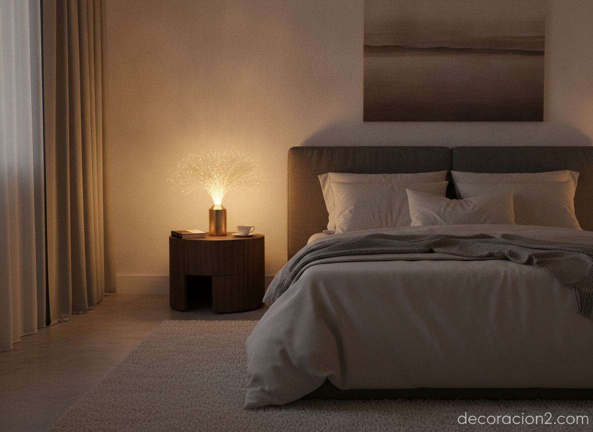 Lámpara de fibra óptica: guía completa para iluminar con diseño flexible 4 Lámpara de fibra óptica de mesa en un dormitorio creando un ambiente cálido