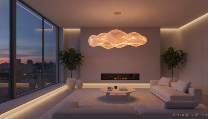 A modern minimalist living room at dusk with a striking sculptural fiber optic floating lamp shaped like an organic glowin... Lámpara de fibra óptica en un salón moderno como pieza decorativa central