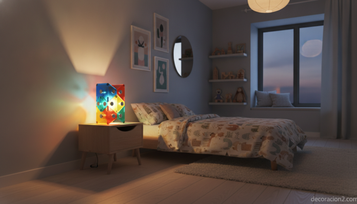 Lámpara infantil modular Bedside Lamp iluminando una mesita de noche en un dormitorio infantil