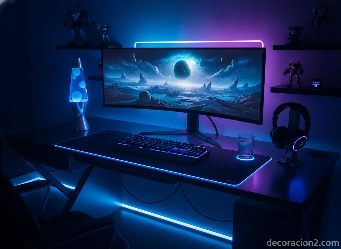 Lámpara de lava azul sobre un escritorio gaming con iluminación LED