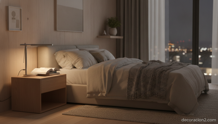 Lámpara de lectura nocturna sobre la mesilla de un dormitorio acogedor
