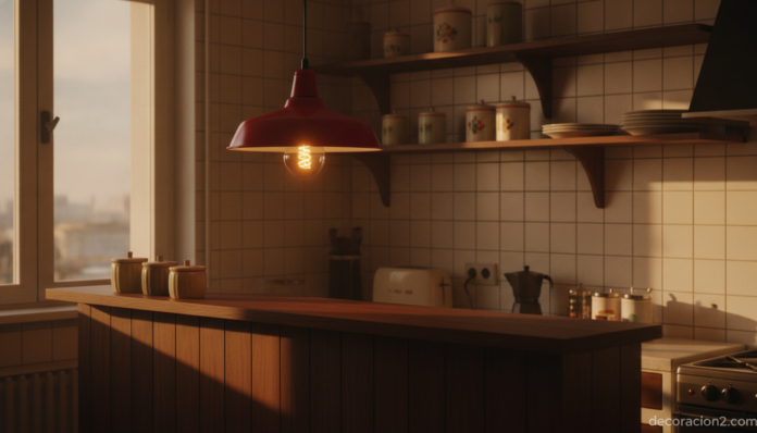 A cozy vintage kitchen interior from the 1960s aesthetic, featuring a retro red aluminium cafe pendant lamp with a bell-sh... Lámpara retro Cafe Lamp de aluminio rojo colgada sobre una barra de cocina vintage