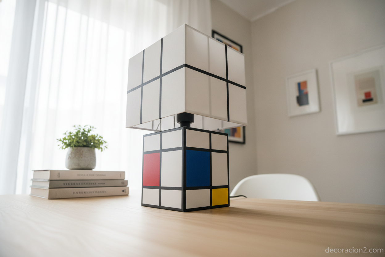 Lámpara de sobremesa inspirada en Mondrian sobre una mesa de estudio
