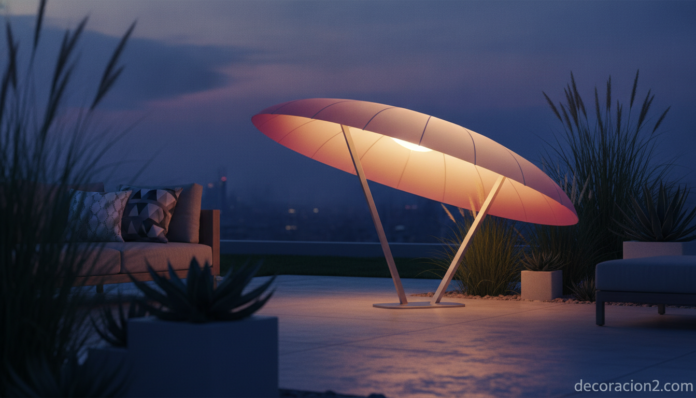 Lámpara solar LED de exterior con forma de sombrilla iluminando una terraza al anochecer