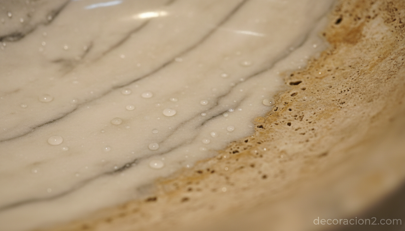 Detalle de las vetas y la textura de un lavabo de piedra natural esculpido
