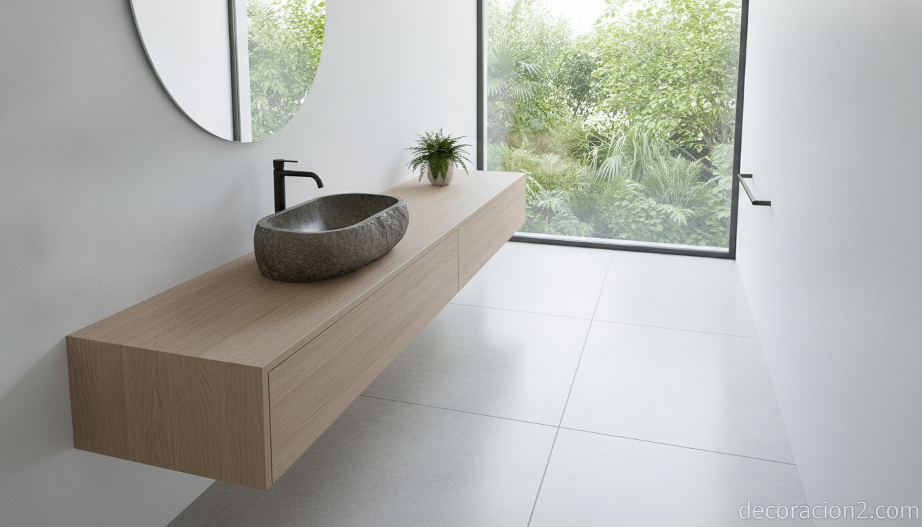 Lavabo de piedra natural oscura en un baño moderno de estilo minimalista