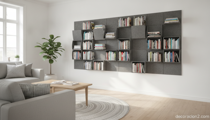 Librería plegable de pared con libros y revistas en un salón luminoso