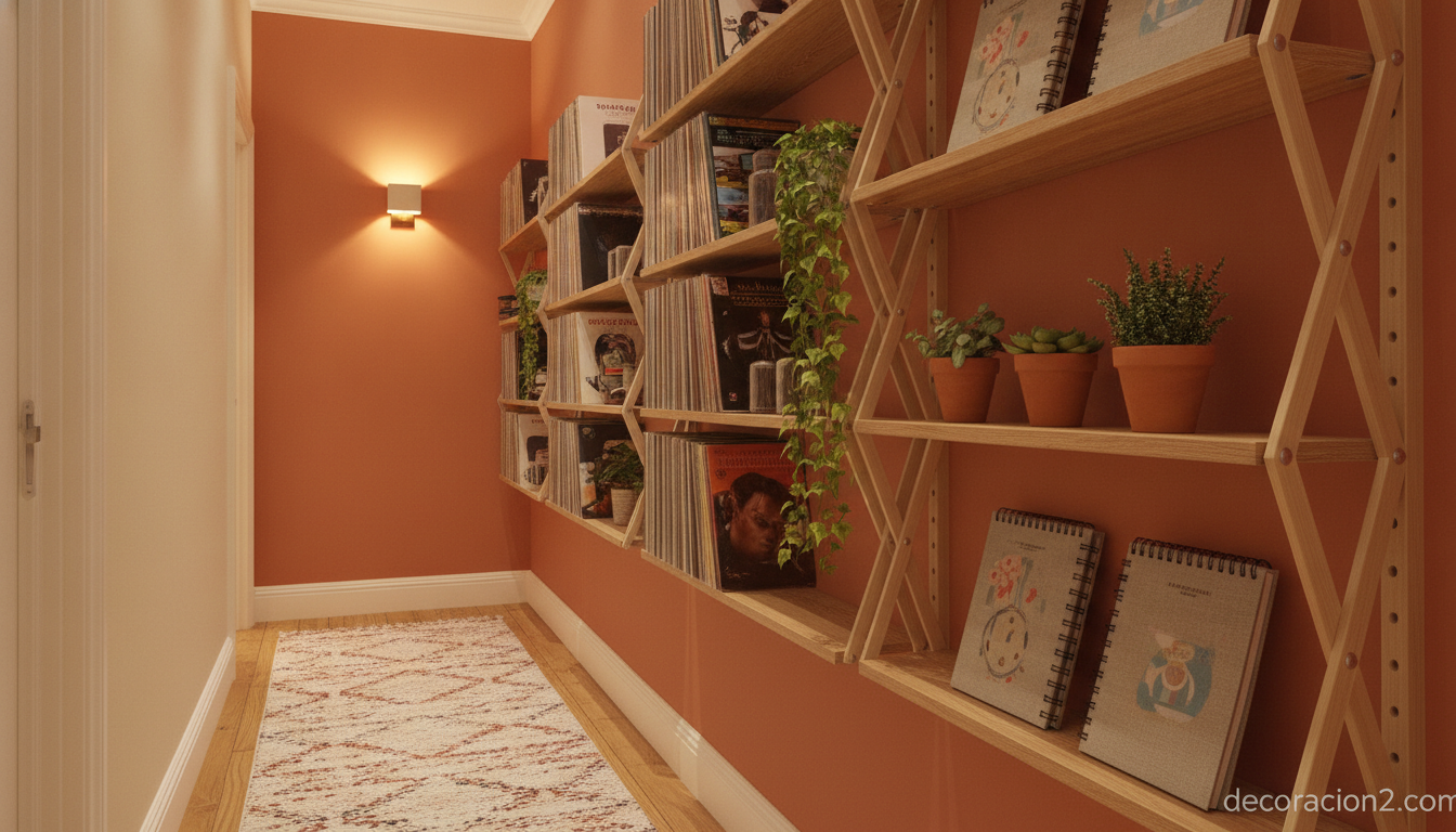 Composición de librerías plegables en carril decorando un pasillo estrecho