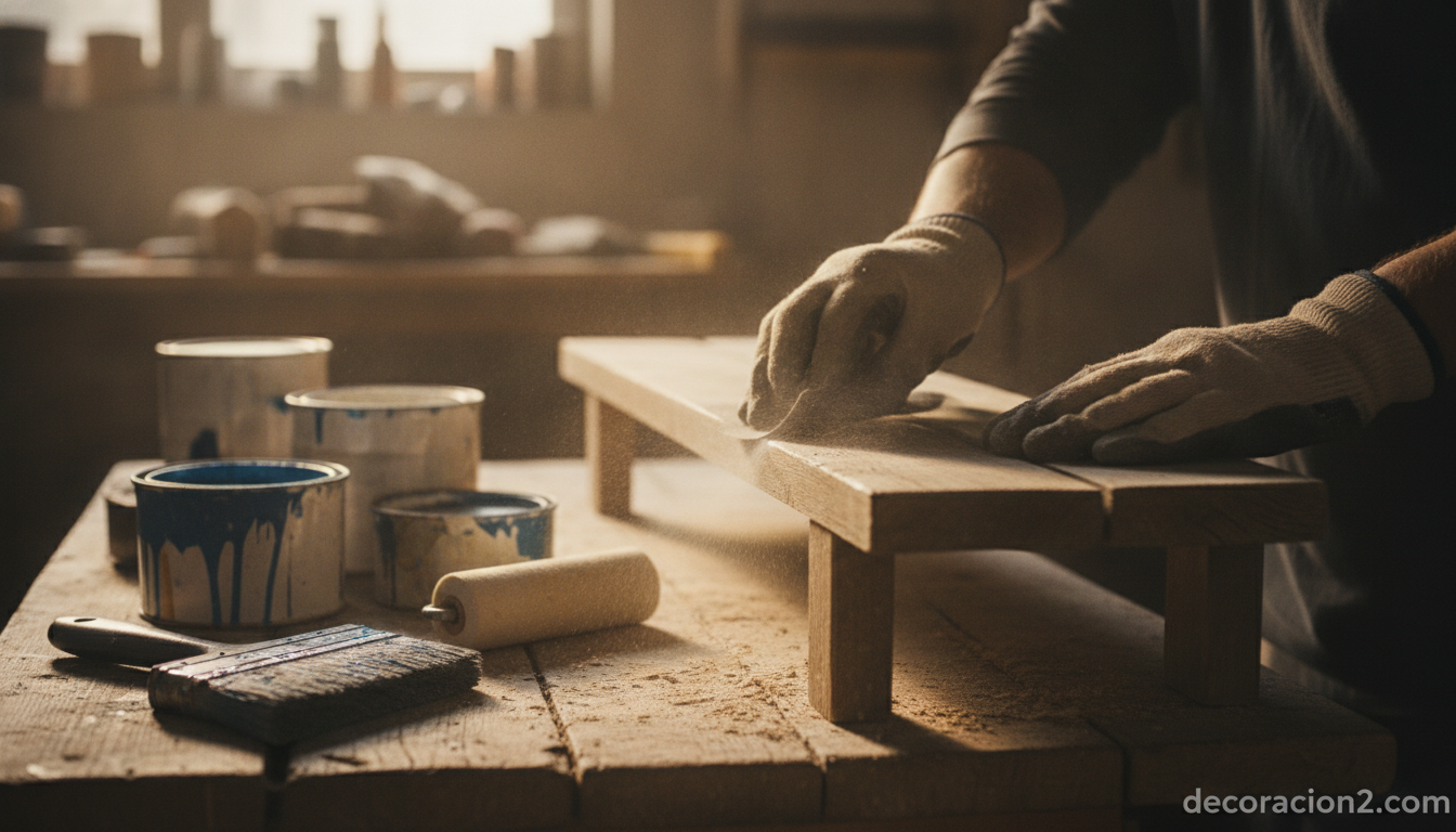 Estantería con bancos de madera: cómo hacerla paso a paso 1 Manos lijando y pintando un banco de madera antes de montar la estantería