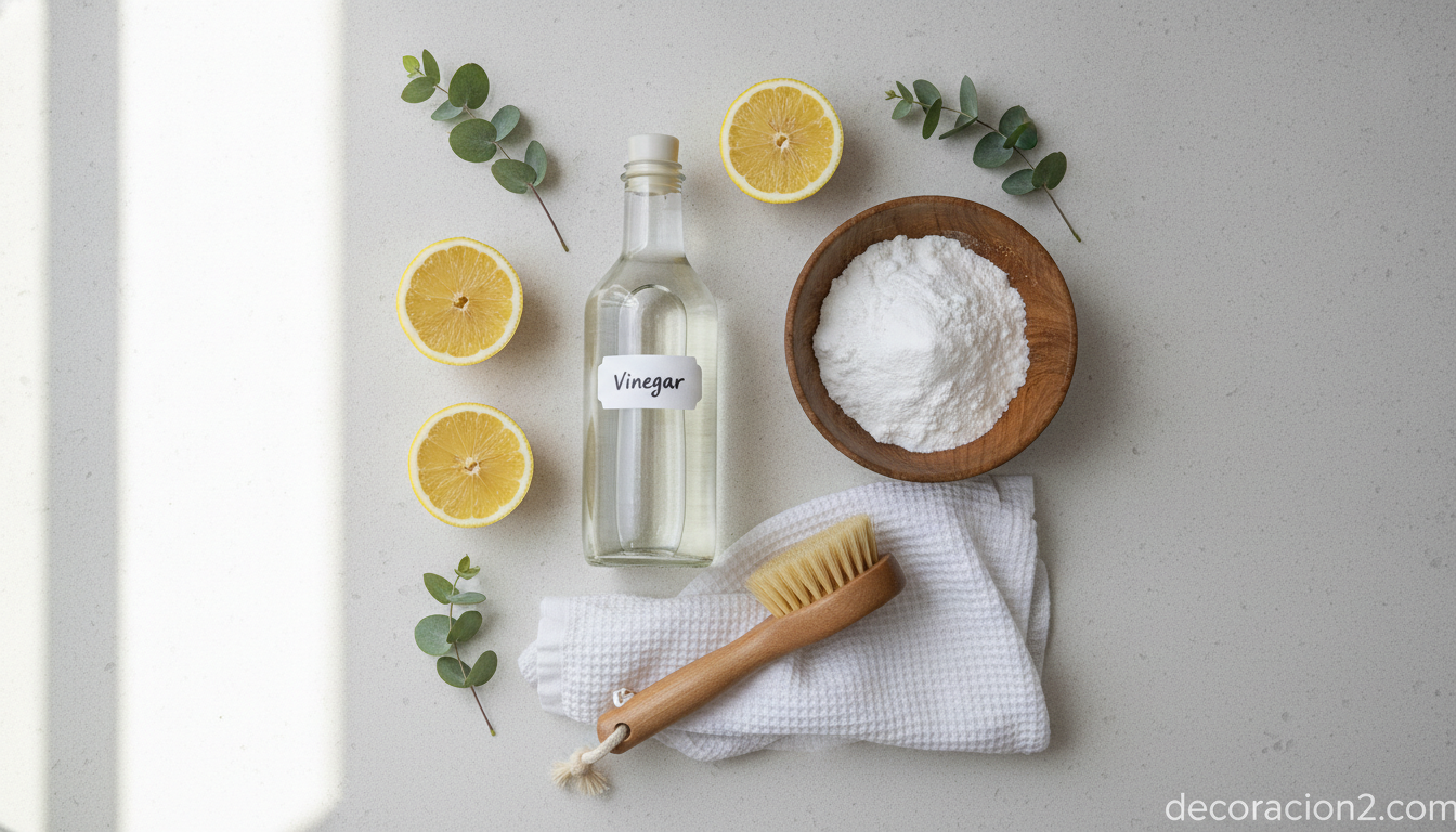 Productos naturales de limpieza como vinagre, bicarbonato y limón sobre encimera de cocina