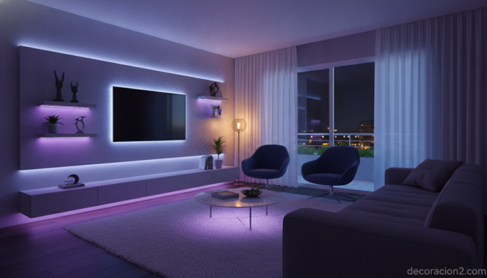 Salón moderno decorado con luces LED de colores creando ambiente