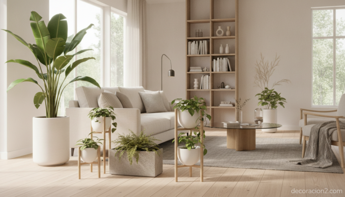 Maceteros de diseño con plantas verdes en un salón luminoso