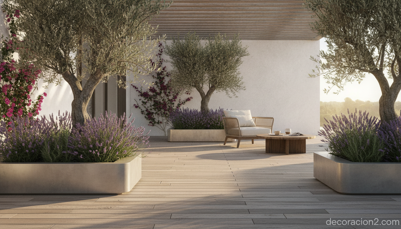 Terraza exterior decorada con maceteros de hormigón y plantas mediterráneas