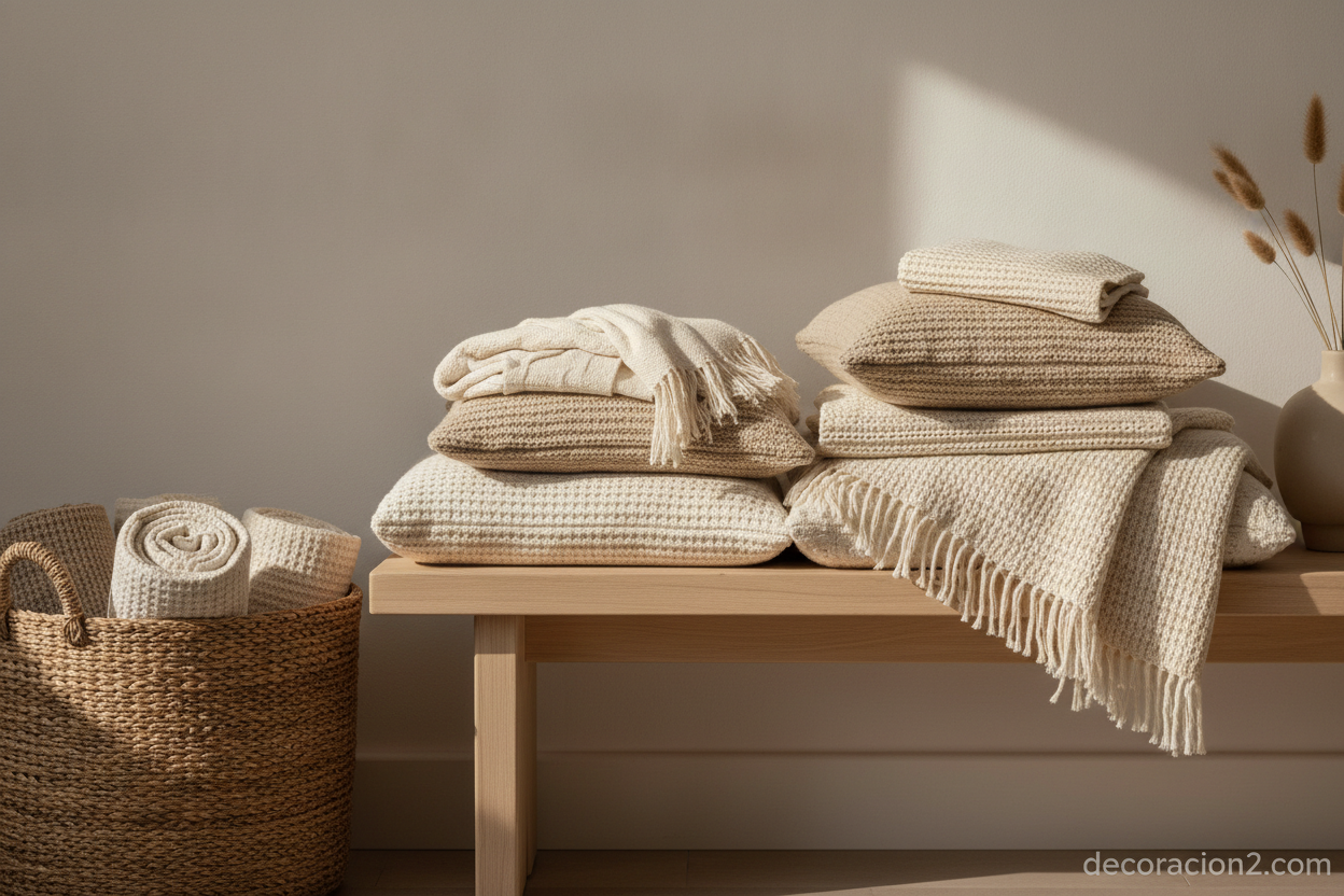 Textiles orgánicos para el hogar: la colección sostenible de Looolo 4 Pila de mantas y cojines de algodón orgánico en tonos neutros
