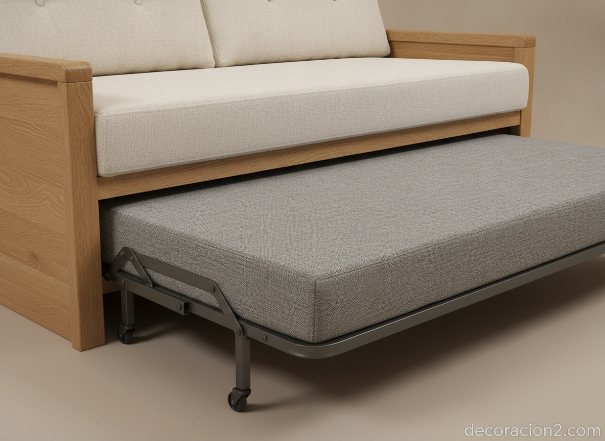 Detalle del mecanismo de un diván cama con la segunda cama desplegada