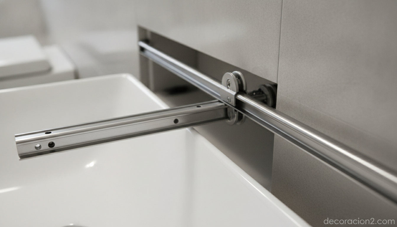 Detalle del mecanismo de raíles de un lavabo plegable empotrado en la pared
