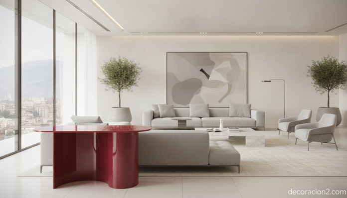 Mesa auxiliar de cristal curvado de diseño en un salón moderno