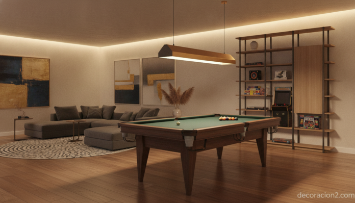 Salón moderno con mesa de billar integrada como centro de la estancia