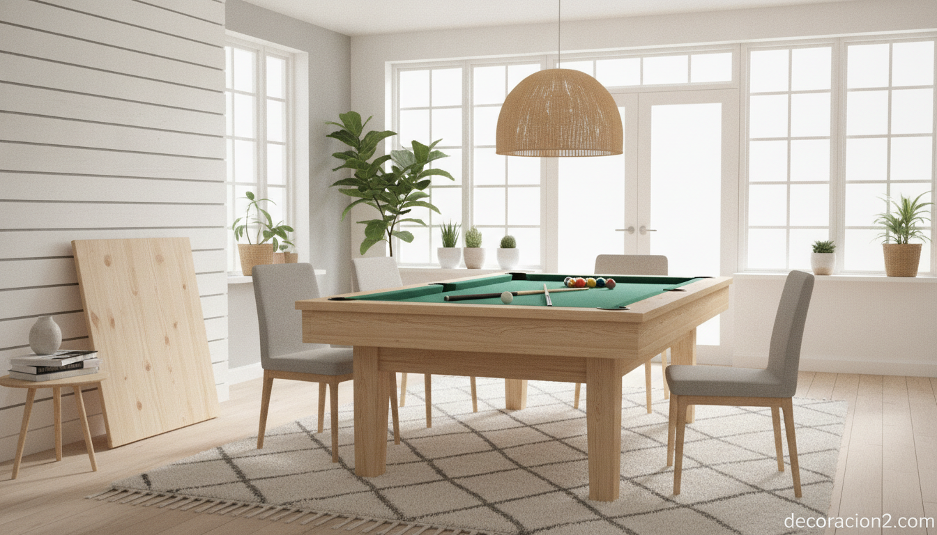 Mesa convertible de billar y comedor en un comedor de estilo nórdico