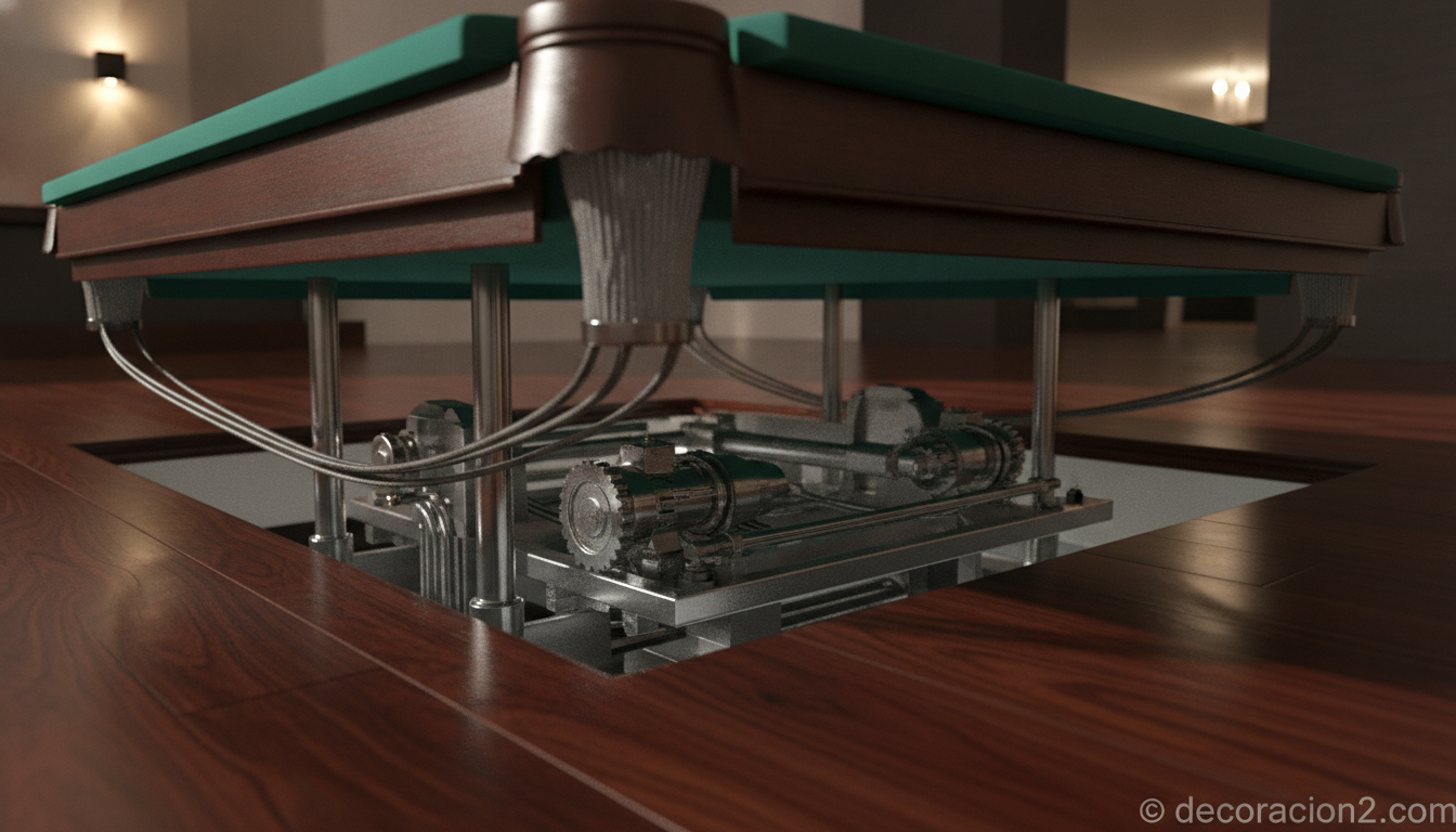 Detalle de mesa de billar escamoteable emergiendo del suelo mediante sistema de elevación