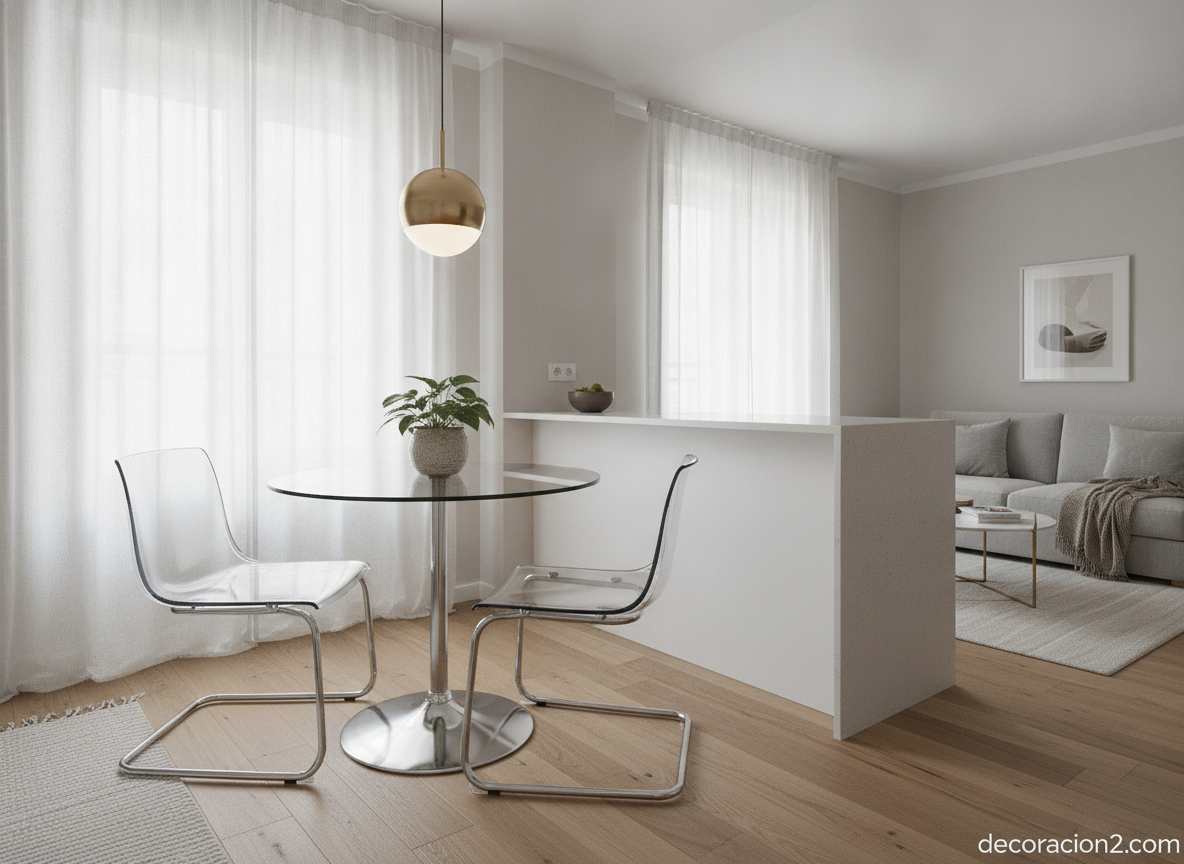 Mesa de desayuno de cristal integrada en un estudio de planta abierta