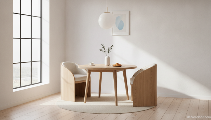 Mesa de desayuno para espacios pequeños con sillas de media luna junto a la ventana