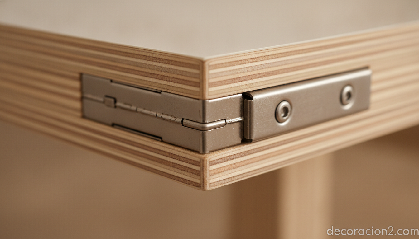 Detalle del acabado en madera contrachapada y bisagra de una mesa multifuncional
