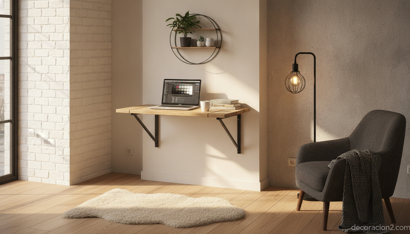 Mesa multifuncional usada como escritorio plegable en un rincón de trabajo