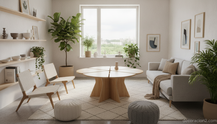 Mesa multifuncional flexible en un salón pequeño y luminoso