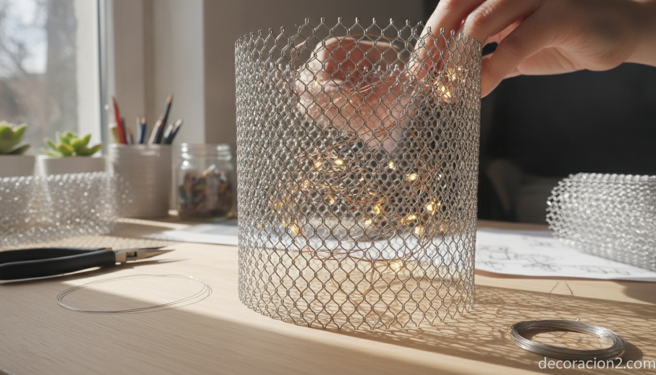 Estructura de malla metálica con luces led para montar la lámpara de cartones de huevo