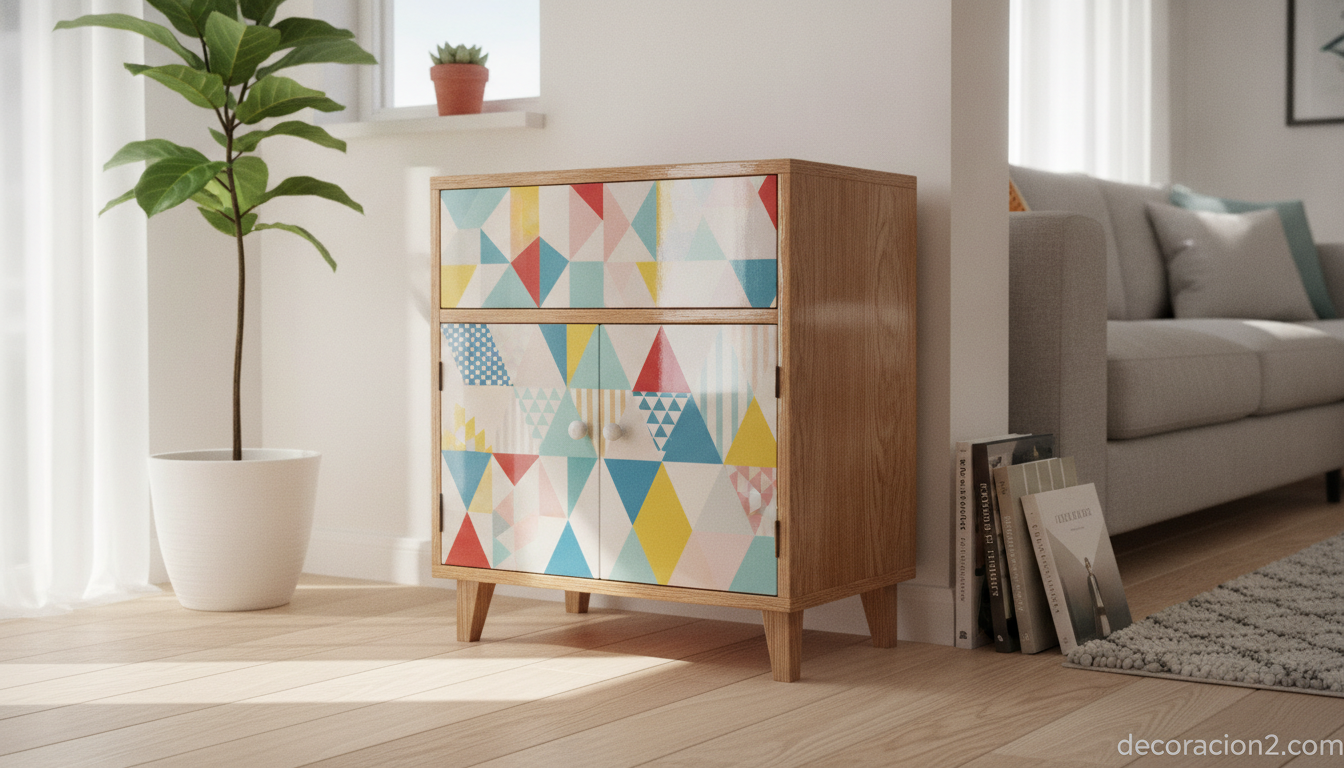 Mueble restaurado con cartulina de colores en un salón decorado