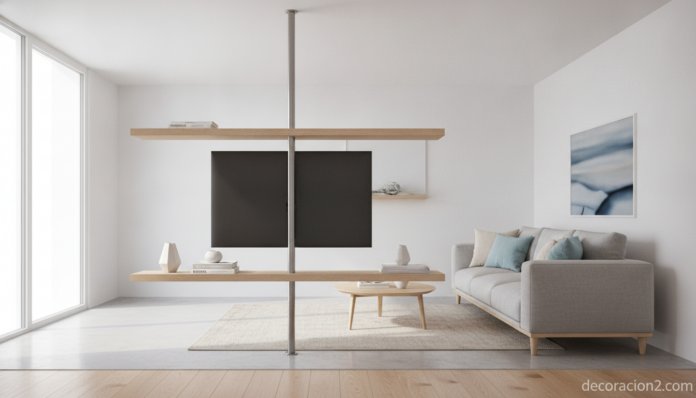 Mueble de salón en columna con televisor y baldas en un salón pequeño moderno