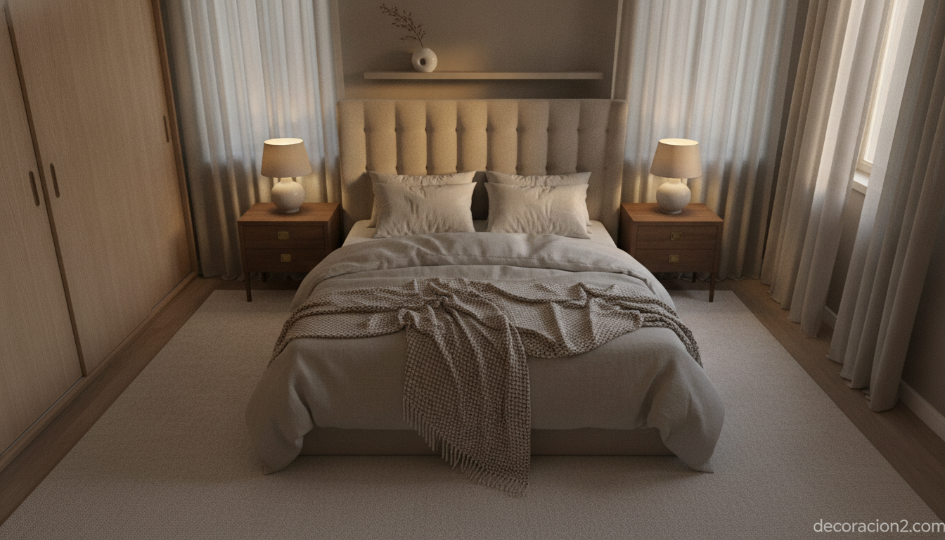 Dormitorio nórdico con cabecero tapizado y muebles BoConcept