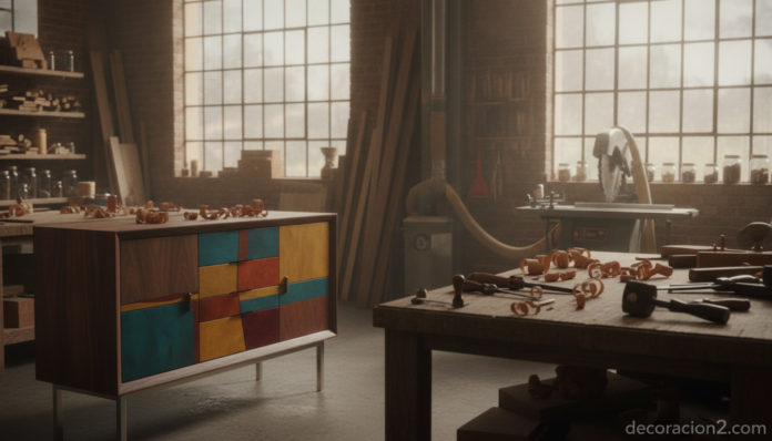 Muebles de autor de madera y acero en un taller de diseño artesanal
