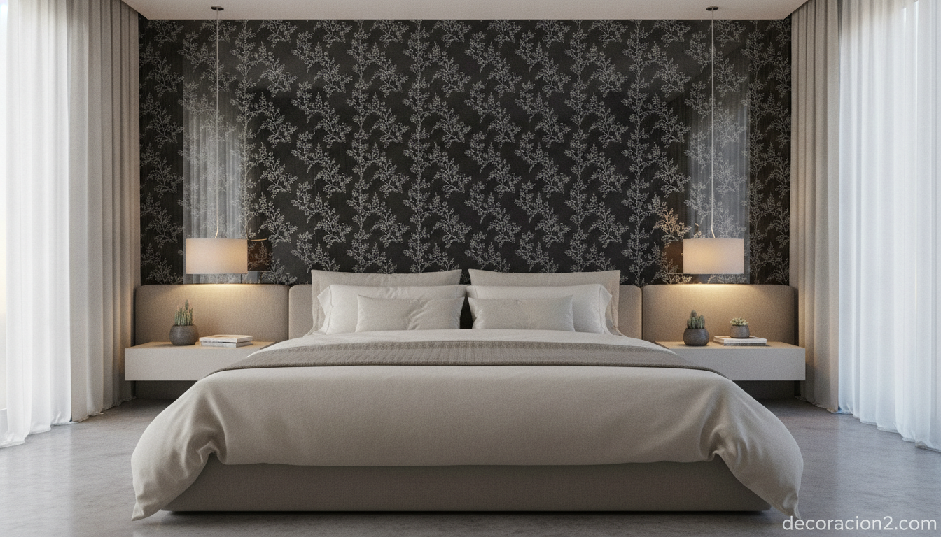 Dormitorio con un mural de vidrio decorativo sobre el cabecero de la cama
