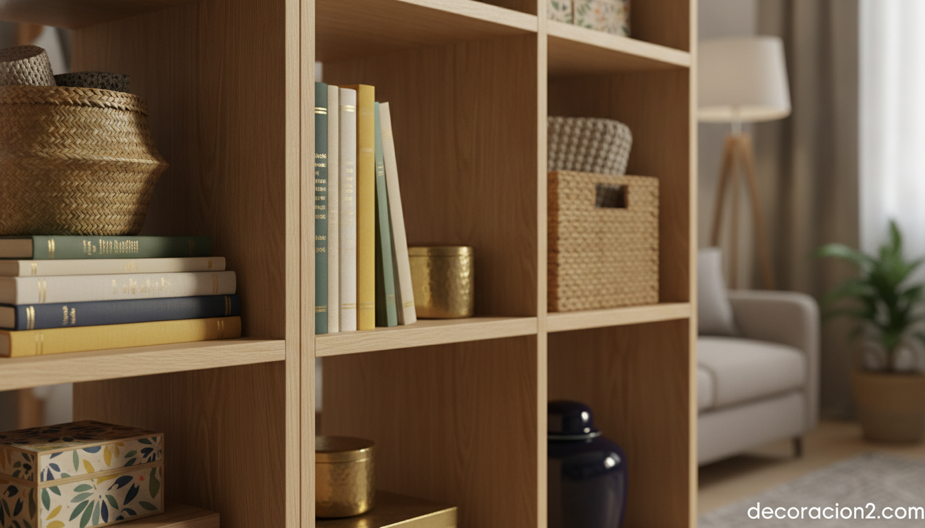 Detalle de estantería modular con cestas y cajas para mantener el orden en casa
