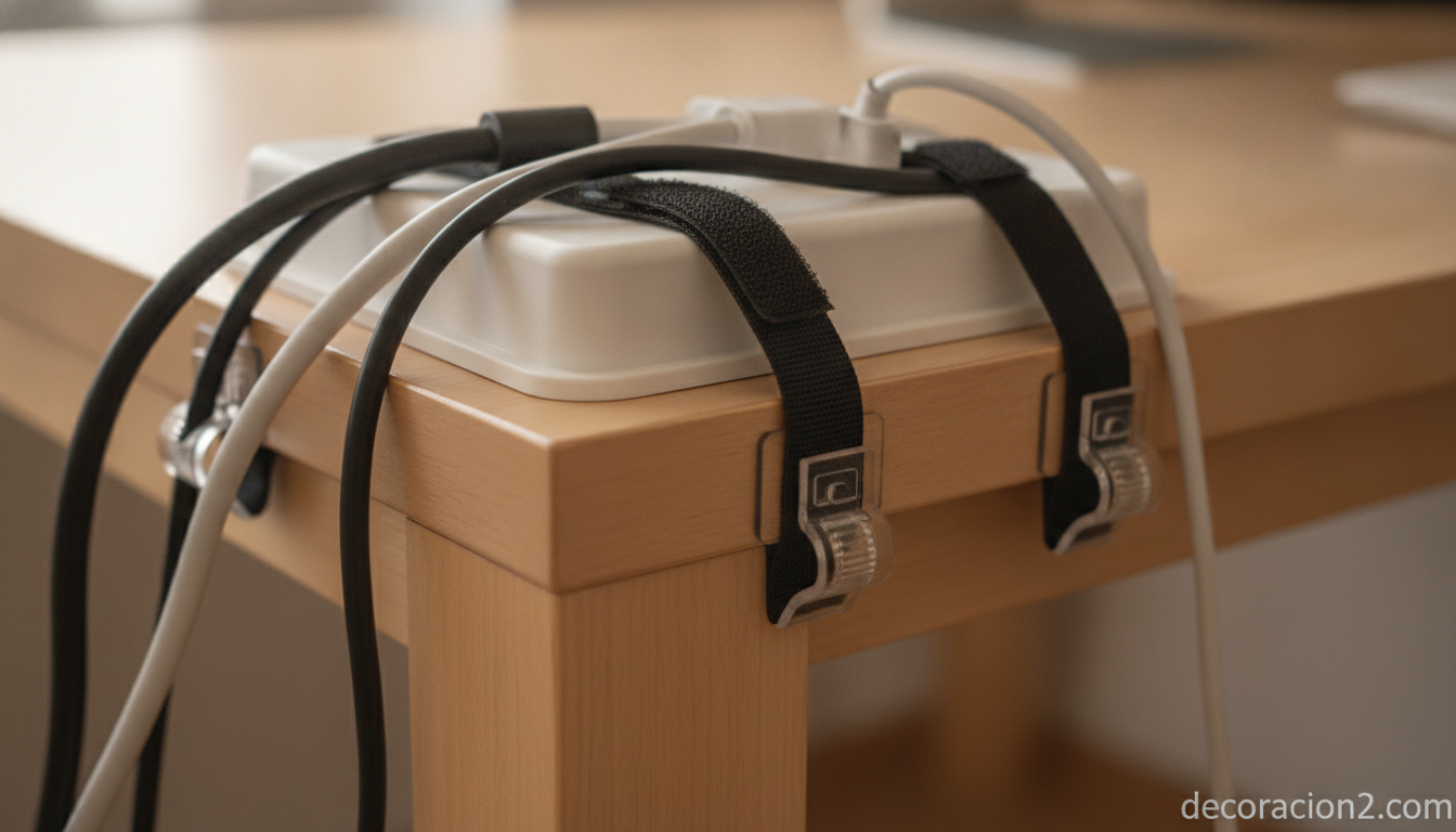 Organizar cables en casa: ideas y trucos para esconder el desorden 9 Detalle de caja organizadora de cables con regleta oculta y bridas de velcro