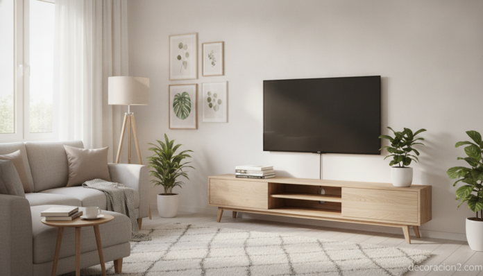 A tidy modern living room with a clean media console under a wall-mounted TV, all cables neatly hidden and organized, no v... Salón moderno y ordenado con cables organizados y ocultos