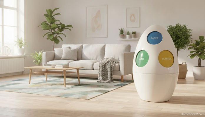 Cubo de reciclaje de diseño con forma de huevo en un salón moderno