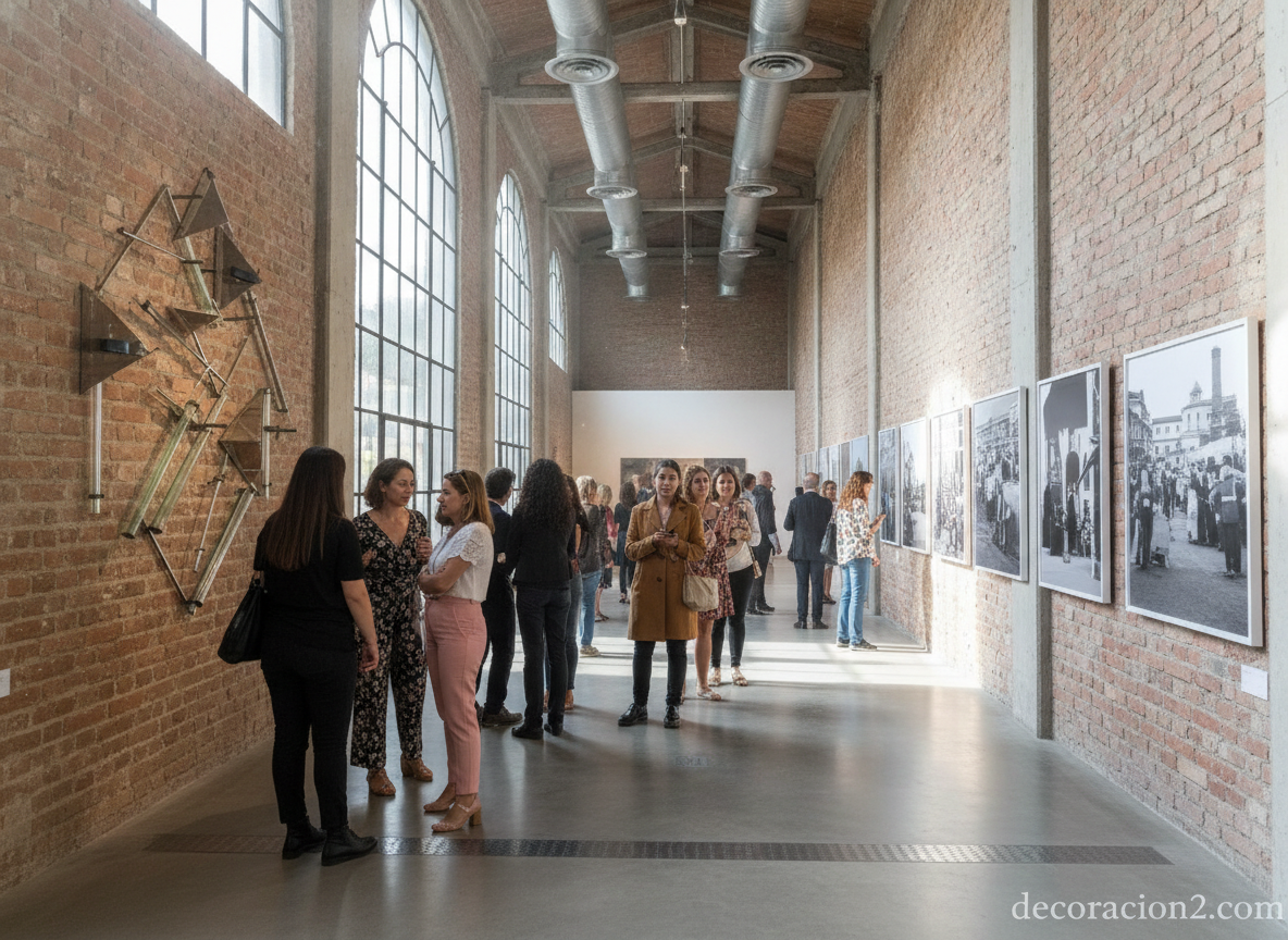 Visitantes recorriendo un pasillo de una exposición de diseño de estilo industrial