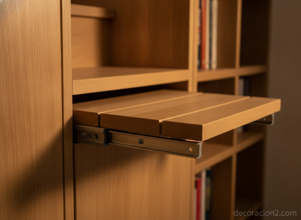 Estantería con escalera incorporada: diseño funcional para ganar espacio en vertical 3 Detalle de los peldaños deslizantes de una estantería con escalera integrada en madera clara