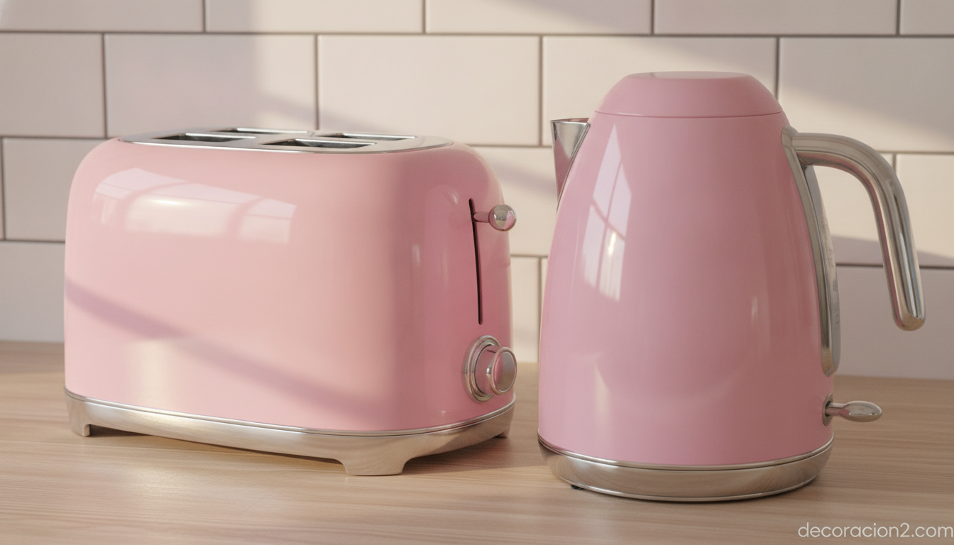 Electrodomésticos en rosa: decorar con color y sumarte a la causa 7 Pequeños electrodomésticos en rosa, tostadora y hervidor retro, agrupados sobre la encimera