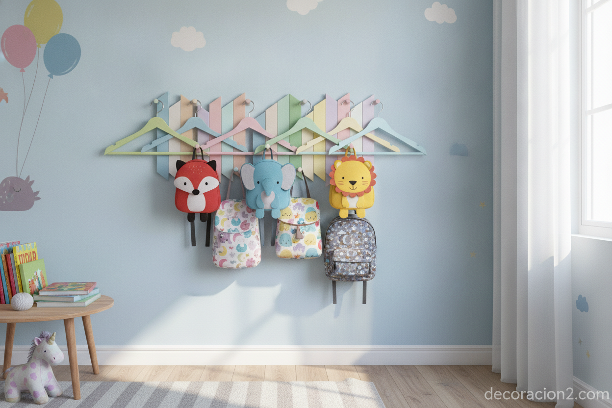 Perchero de perchas pintado de colores en una habitación infantil