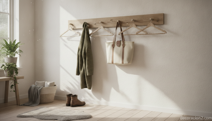 Perchero DIY hecho con perchas de madera colgado en un recibidor